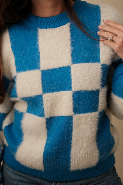 FRNCH Lio Blue Abstract Checkered Pullover Sweater