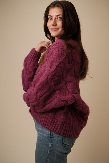 Molly Bracken Mary Fuchsia Cable Knit Buttoned Cardigan