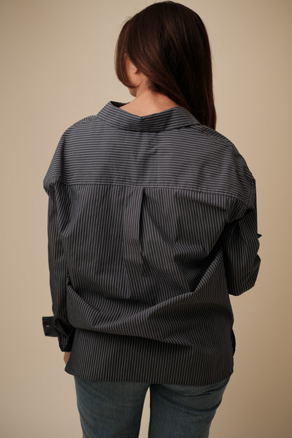 Macey Oversized Striped Cotton Buttoned Shirt (Grey)