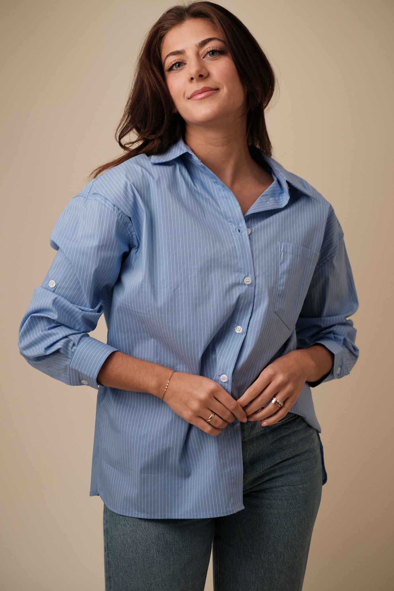 Macey Oversized Striped Cotton Buttoned Shirt (Blue)