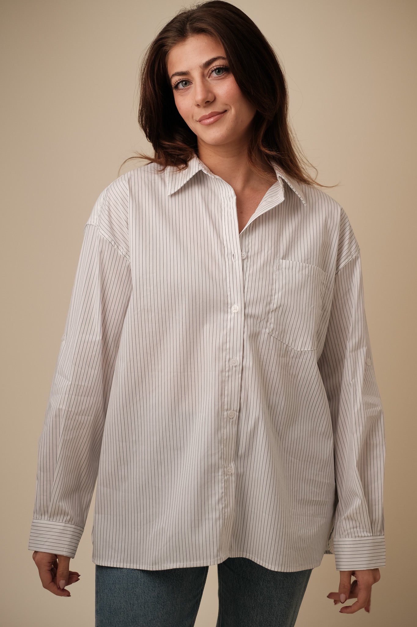 Macey Oversized Striped Cotton Buttoned Shirt (White)