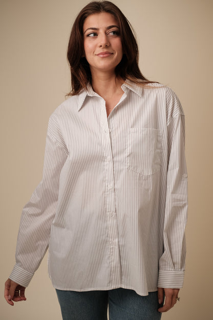 Macey Oversized Striped Cotton Buttoned Shirt (White)