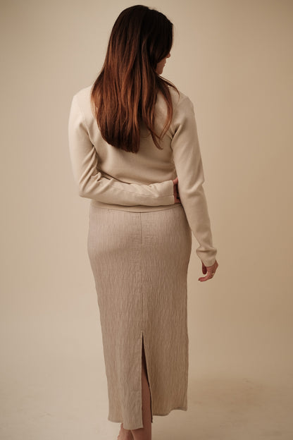 Mandy Crinkle Textured Pencil Midi Skirt (Cream)