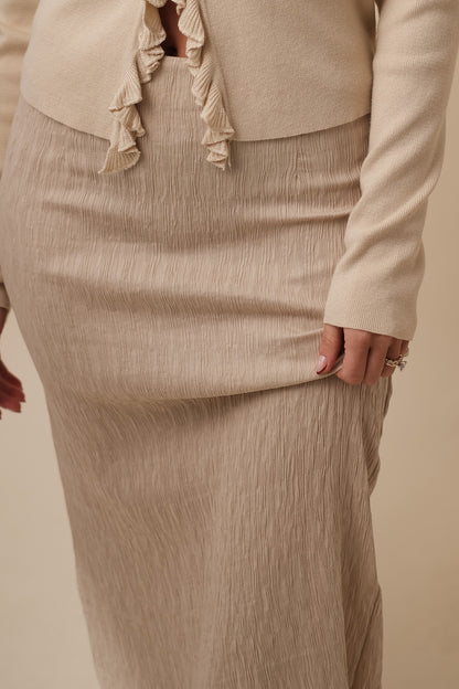 Mandy Crinkle Textured Pencil Midi Skirt (Cream)