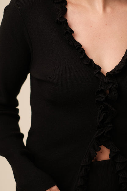 Needii Marilyn Ruffle Detail Knit Cardigan (Black)