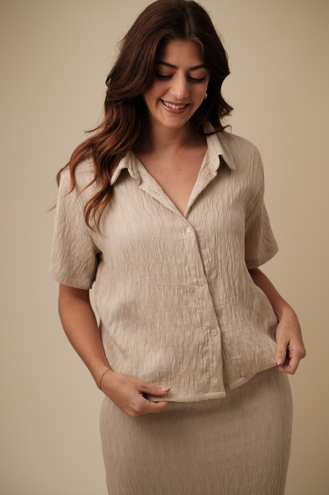 Mandy Crinkle Textured Buttoned Shirt (Cream)
