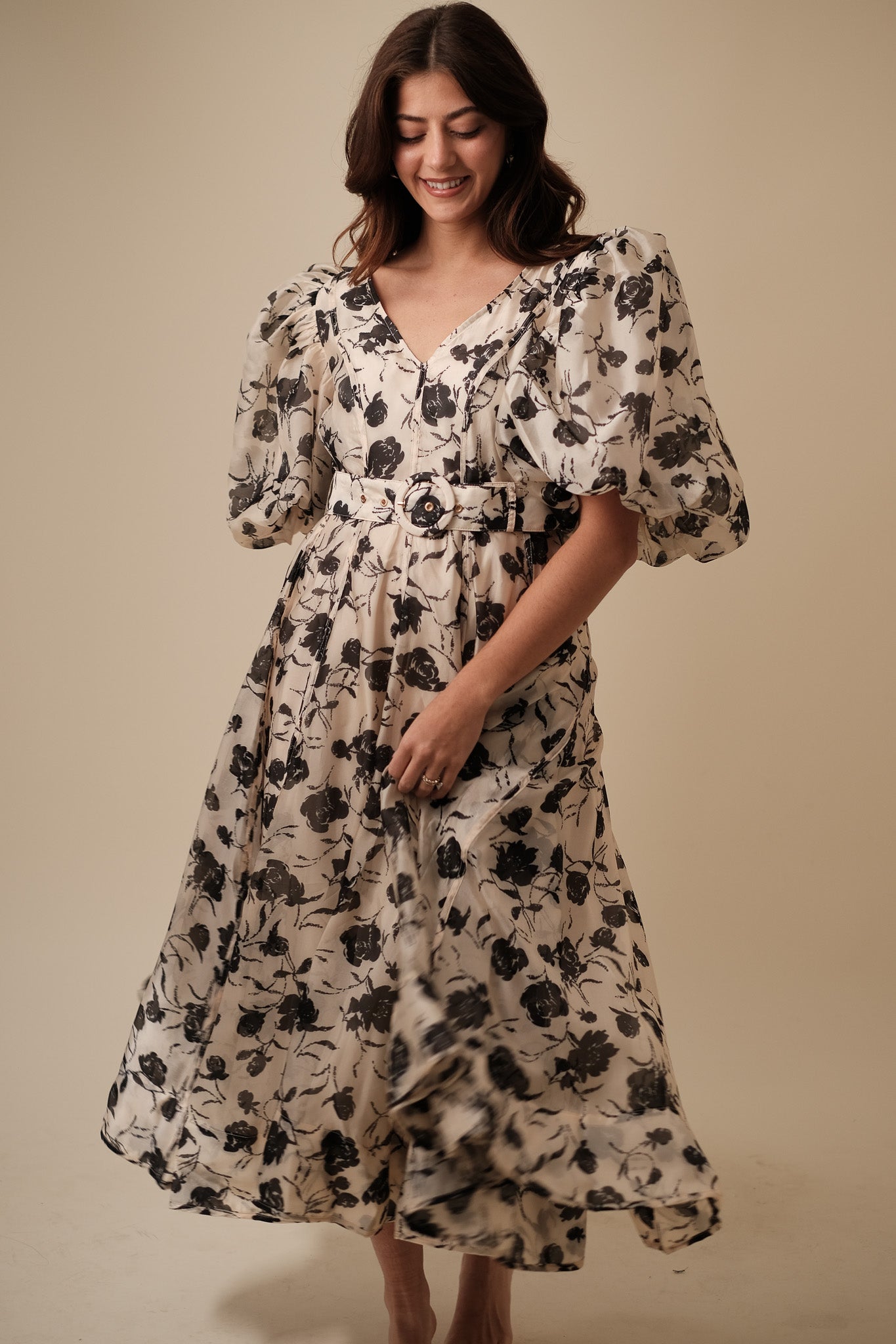 Sofie the Label Caroline Floral Printed Organza Belted Midi Dress – Momni  Boutique