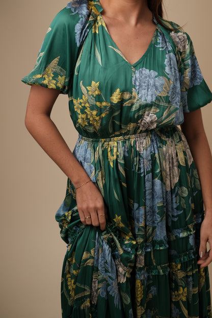 Current Air Diana Green Floral Ruffle Pleated Midi Dress