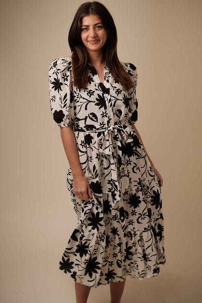 Jacquie the Label Deb Black Floral Tiered Button Midi Dress