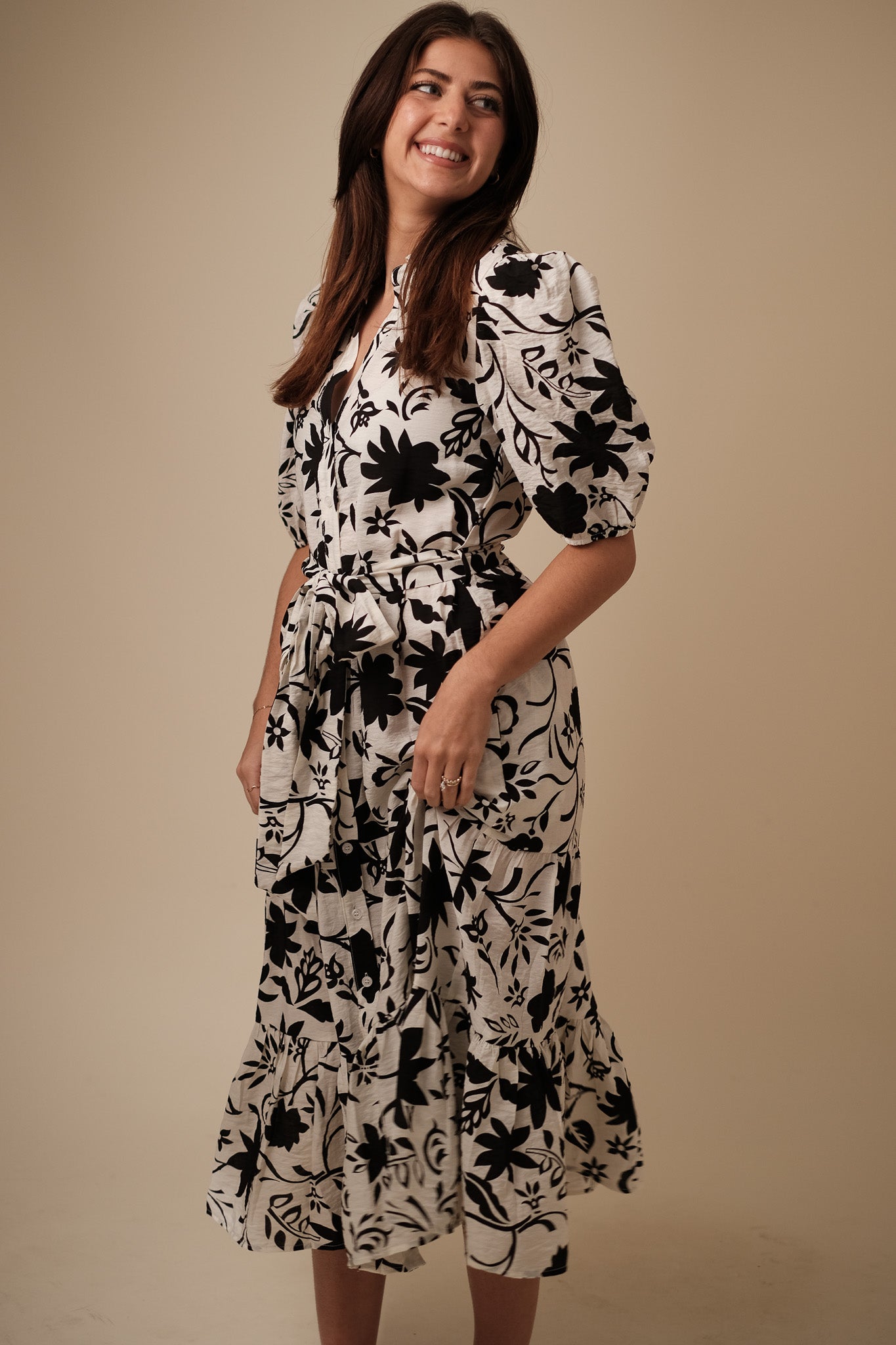 Jacquie the Label Deb Black Floral Tiered Button Midi Dress