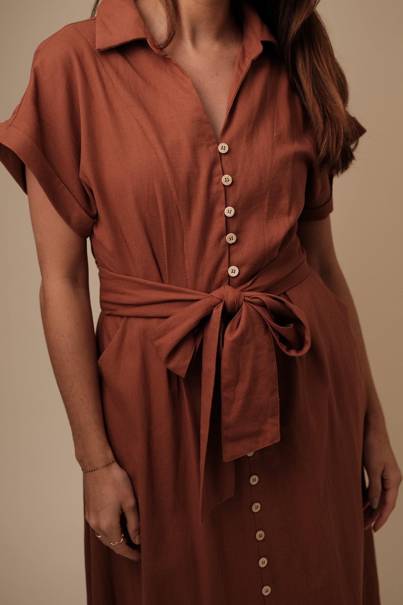 Miou Muse Clara Toffee Linen Button Belted Shirt Midi Dress
