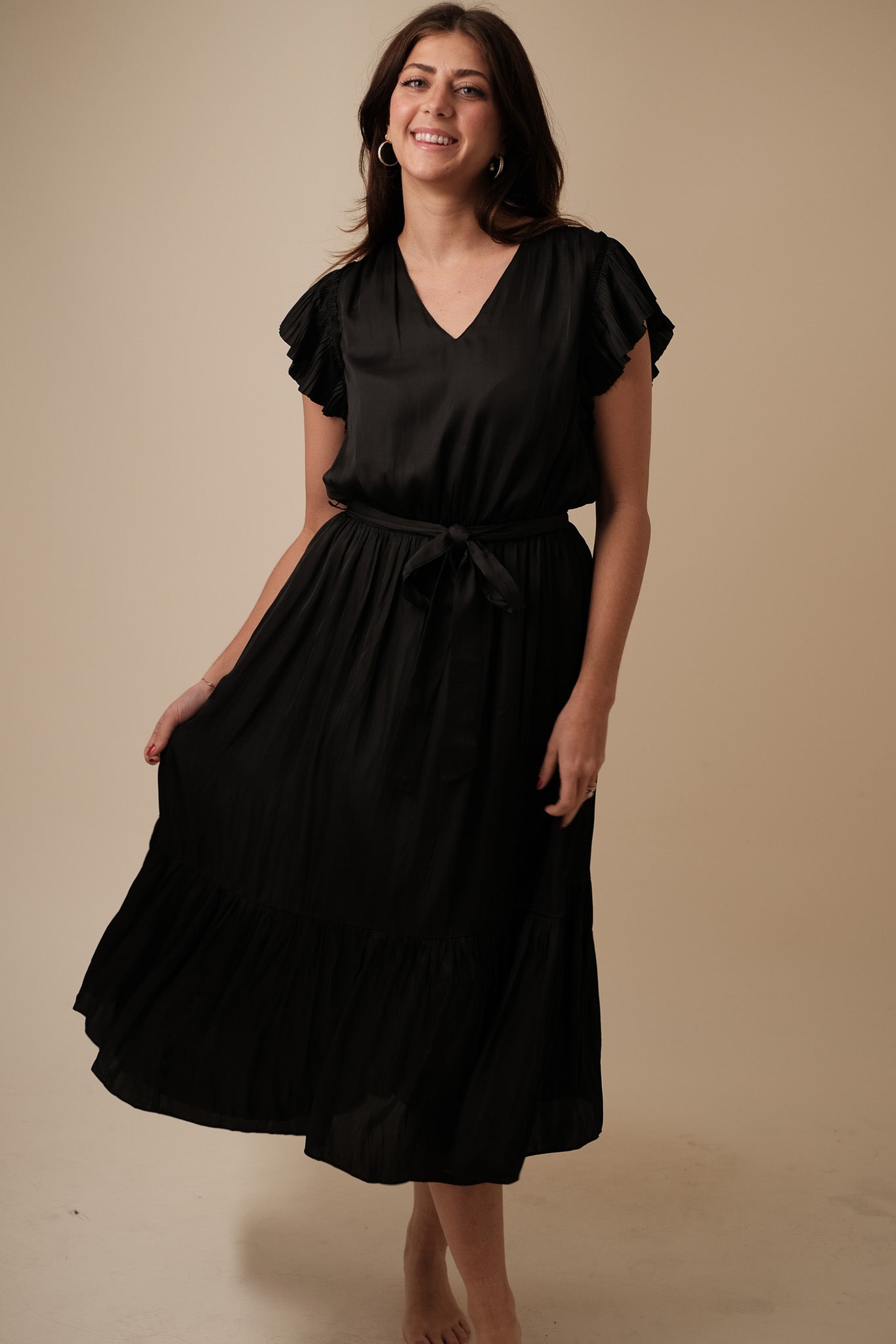 Current Air Darla Black Pleated Sleeve Midi Dress