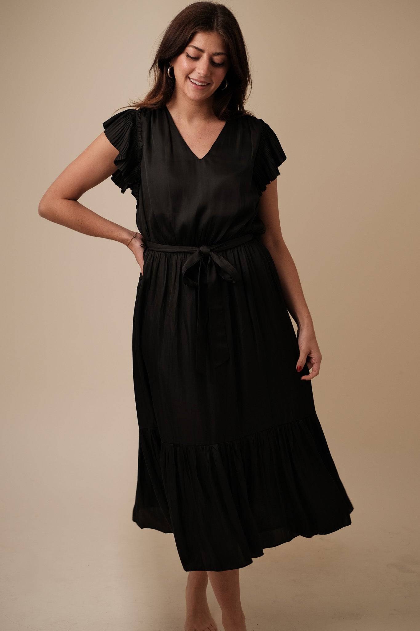 Current Air Darla Black Pleated Sleeve Midi Dress