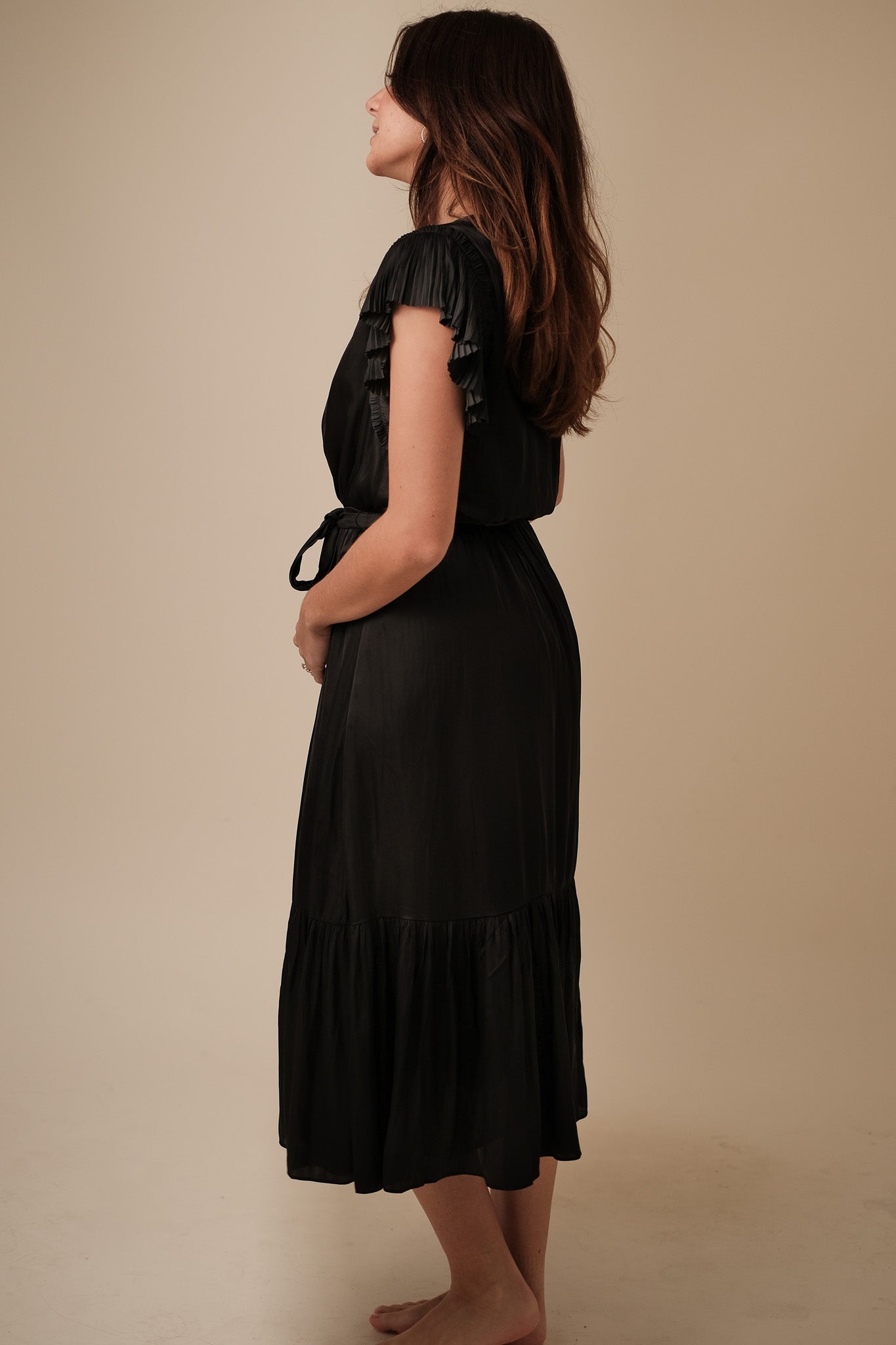 Current Air Darla Black Pleated Sleeve Midi Dress