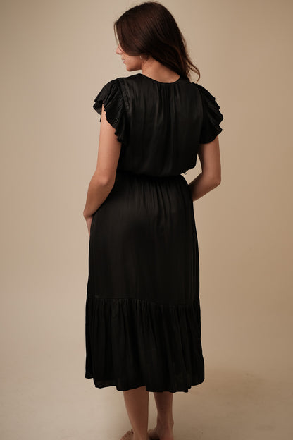 Current Air Darla Black Pleated Sleeve Midi Dress