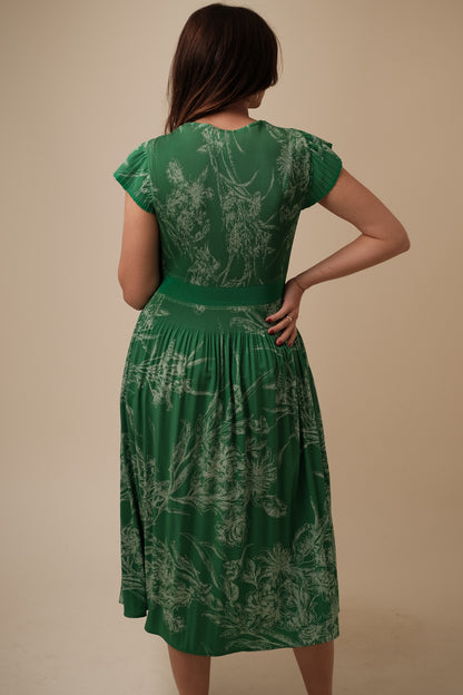 Current Air Donna Floral Pleated Bodice Midi Dress (Green)