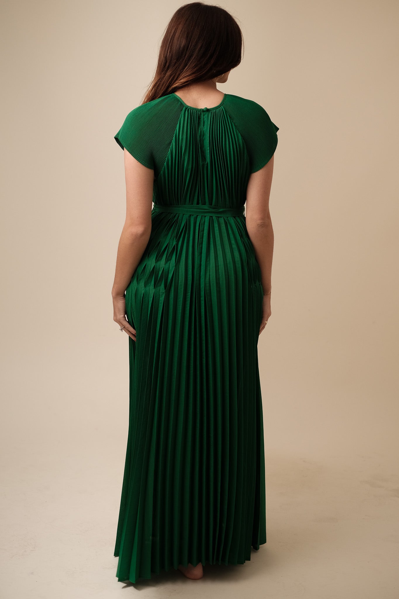 Current Air Darlene Green Pleated Tie Waist Maxi Dress