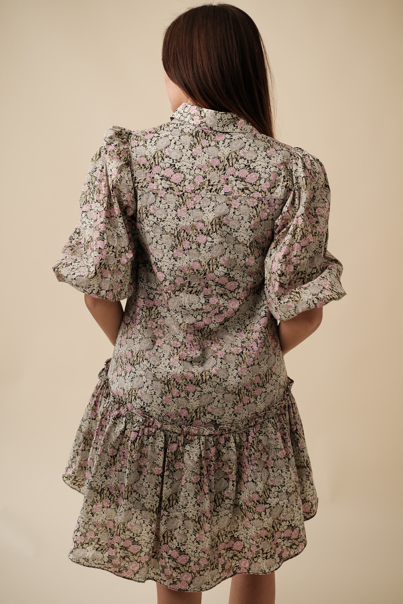 Aureum Eden Black Floral Collared Puff Sleeve Mini Shirt Dress