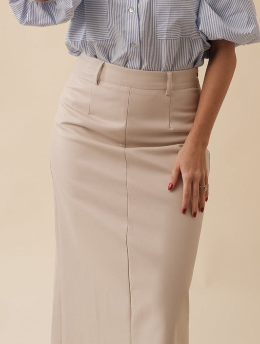 Aureum Emery Cream Vegan Leather Pencil Midi Skirt