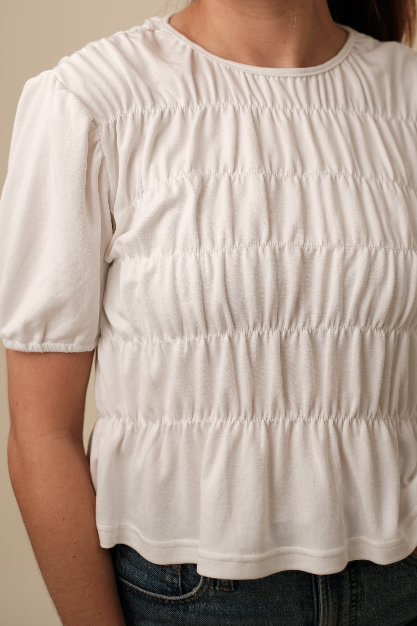 Farrah White Shirred Puff Sleeve Top