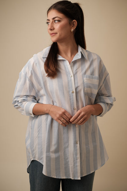Things Between Faith Light Blue Stripe Oversized Button Top