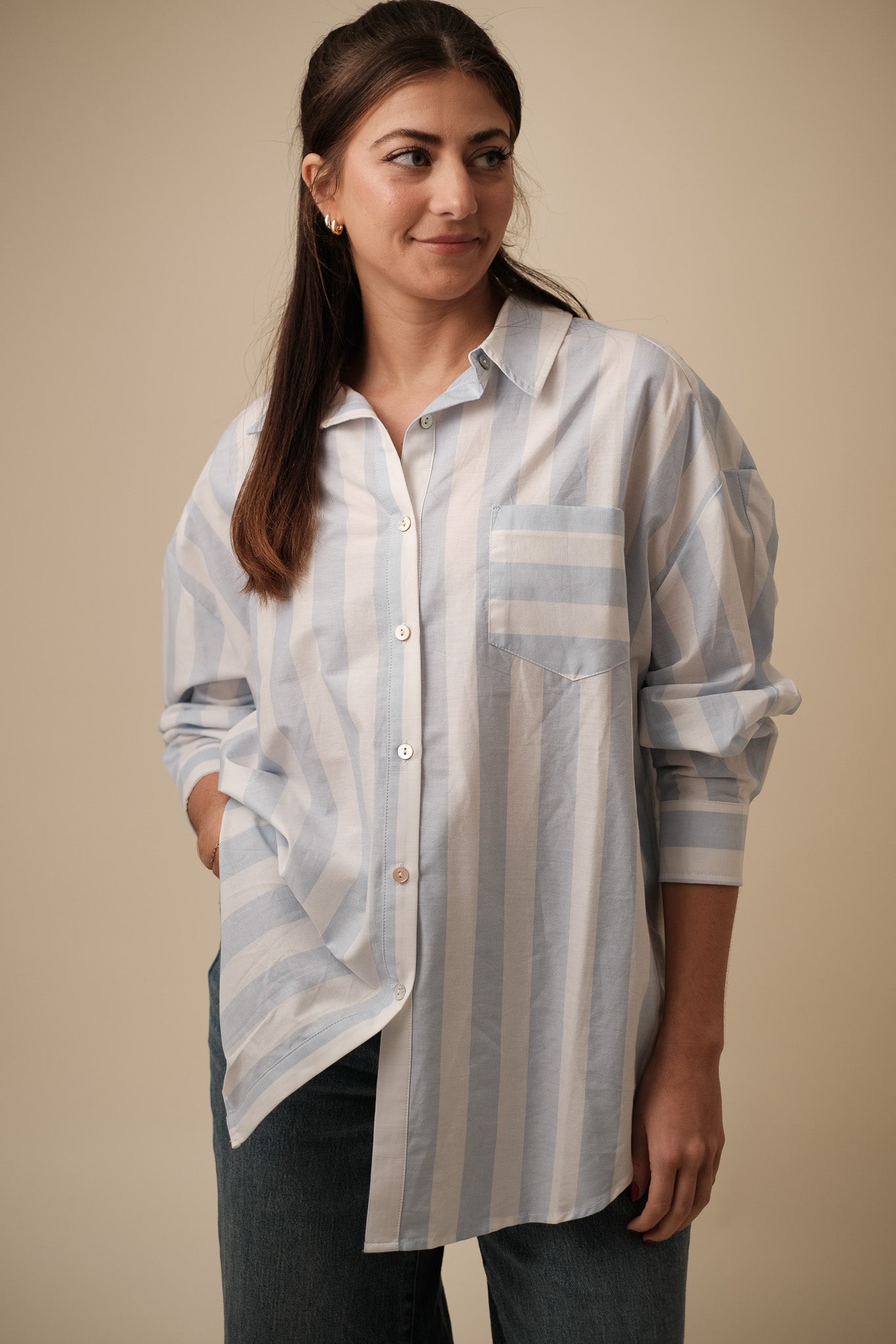 Things Between Faith Light Blue Stripe Oversized Button Top