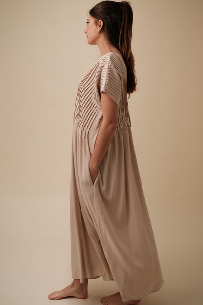 Things Between Freya Pin-Tuck Detailed Maxi Dress (Beige)