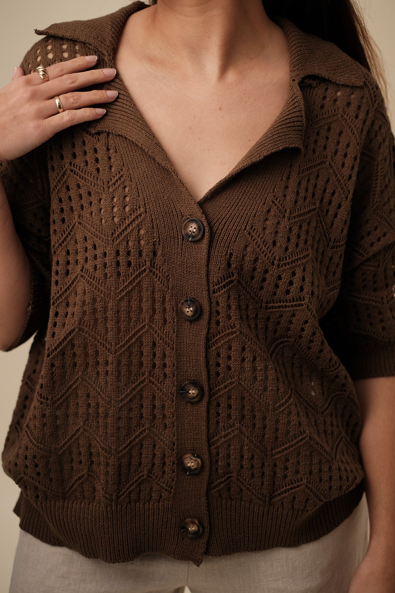 Needii Gianna Short Sleeve Crocheted Button Shirt (Moss)