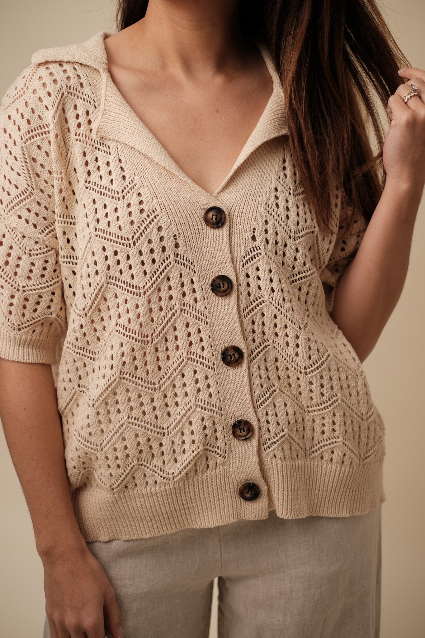 Needii Gianna Short Sleeve Crocheted Button Shirt (Cream)