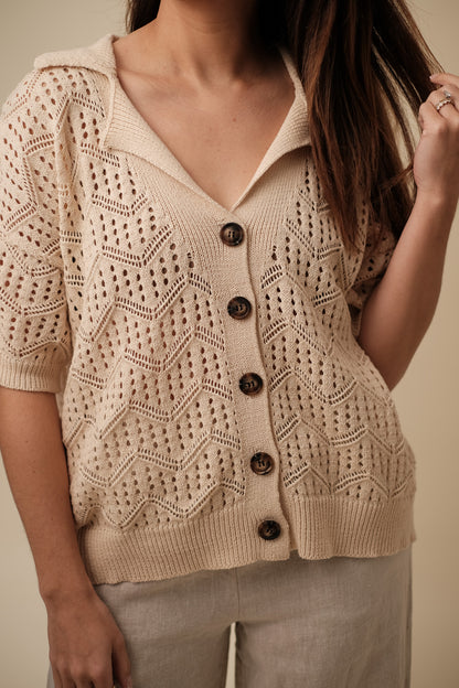 Needii Gianna Short Sleeve Crocheted Button Shirt (Cream)