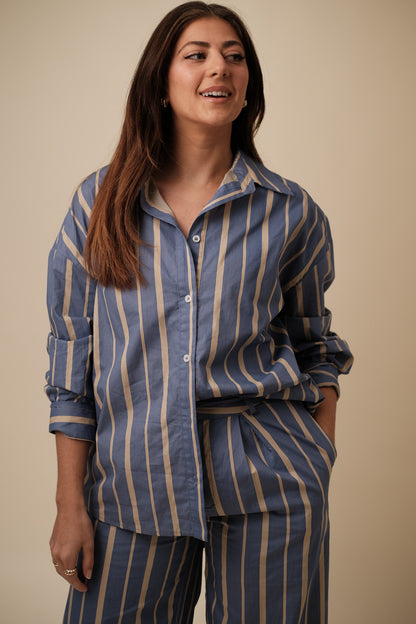 Aureum Giselle Blue Striped Poplin Button Down Shirt