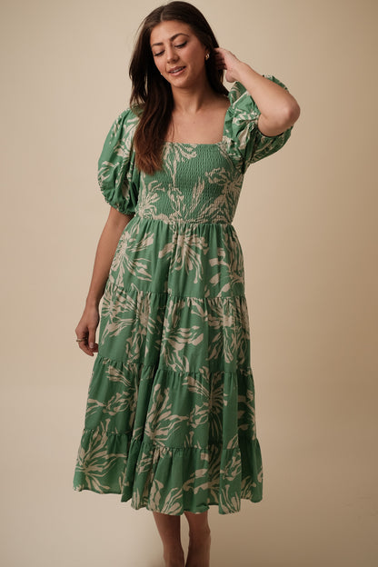 PINCH Gia Floral Outline Puff Sleeve Midi Dress (Green)