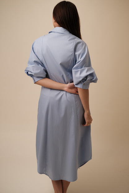 Varena Blue Buttoned Tie Waist Midi Dress