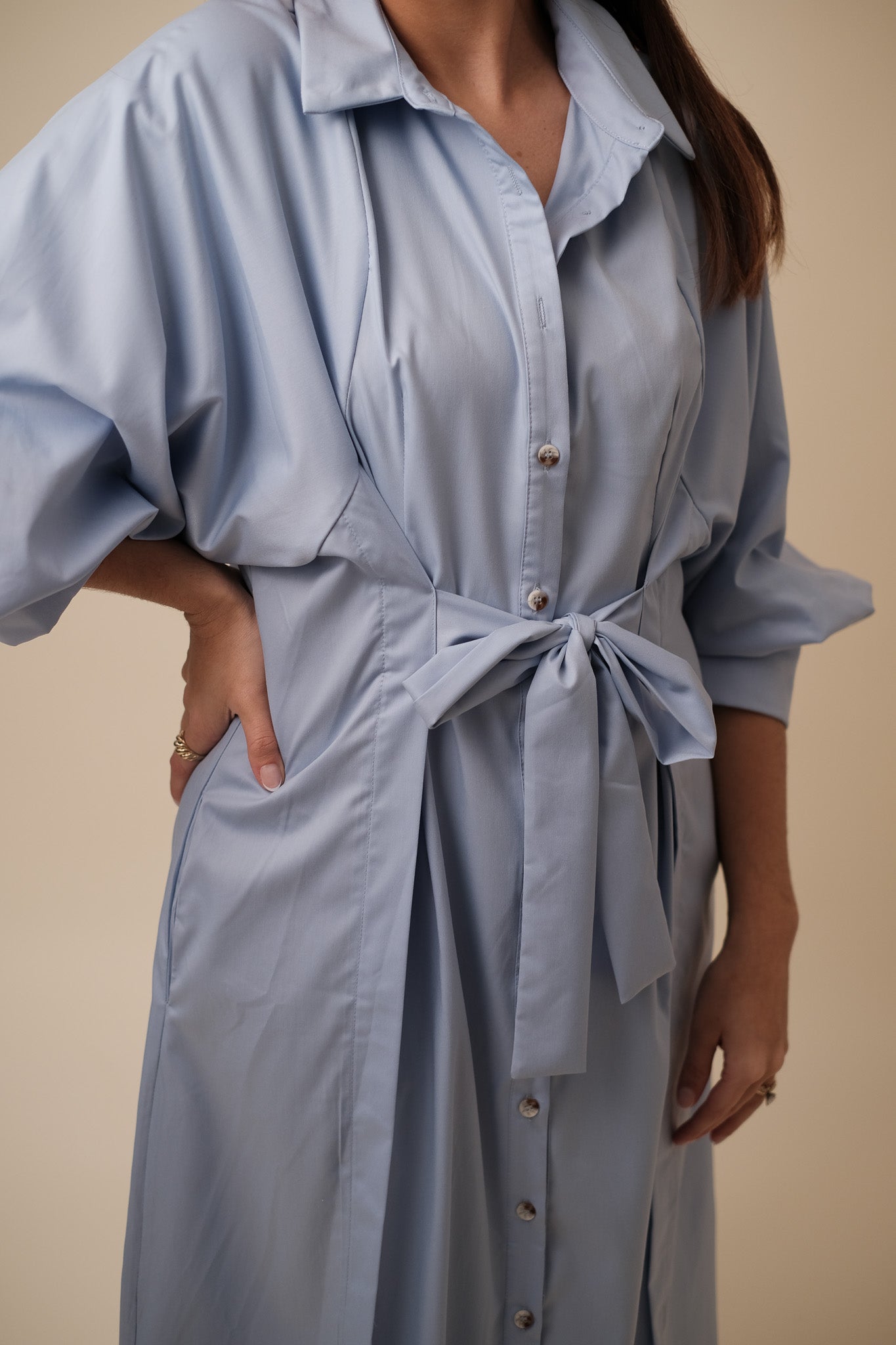 Varena Blue Buttoned Tie Waist Midi Dress
