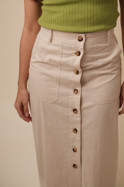 FRNCH Pinar Cream Woven Buttoned Midi Skirt