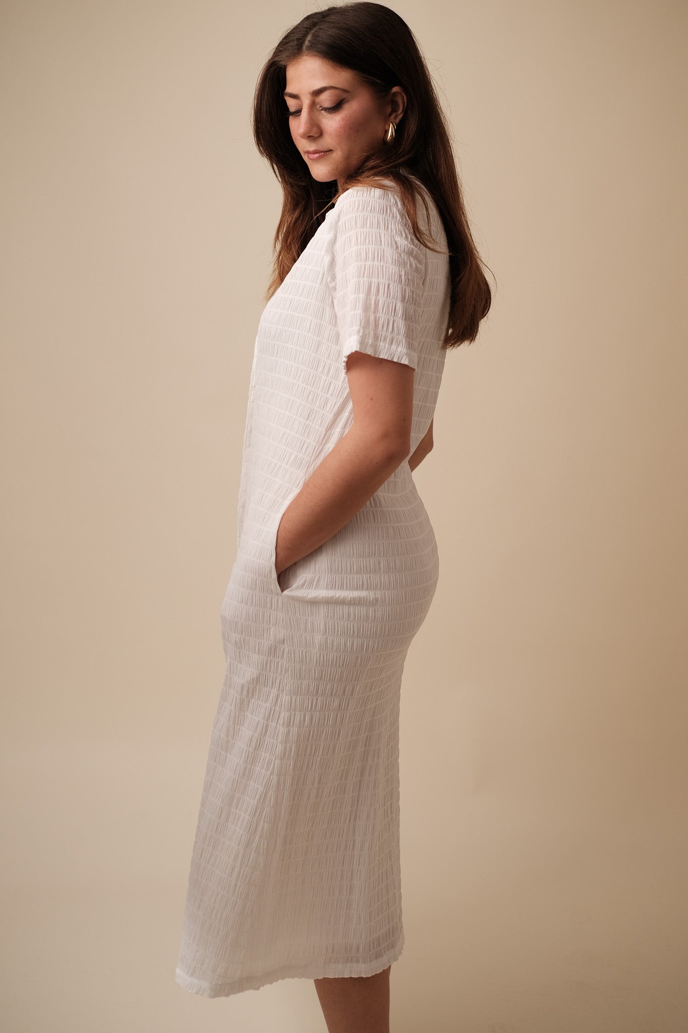 FRNCH Coline Woven Crinkled Collar Shirt Midi Dress (White)