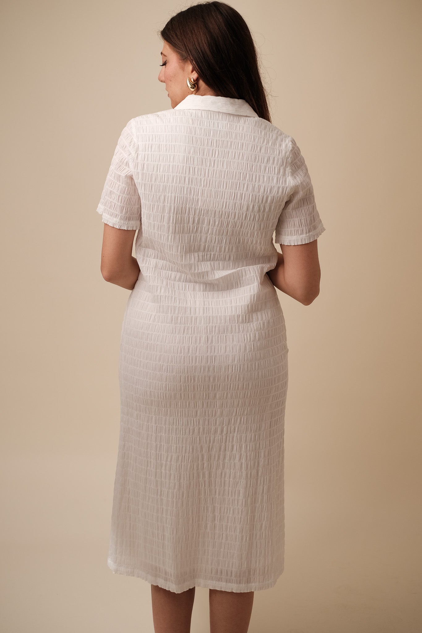 FRNCH Coline Woven Crinkled Collar Shirt Midi Dress (White)