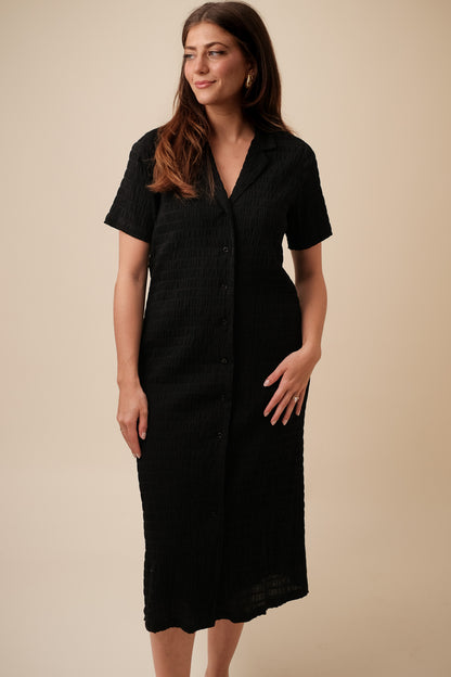 FRNCH Coline Woven Crinkled Collar Shirt Midi Dress (Black)