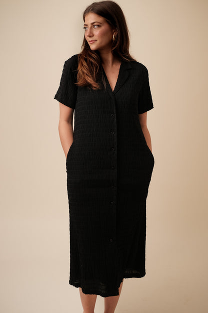 FRNCH Coline Woven Crinkled Collar Shirt Midi Dress (Black)