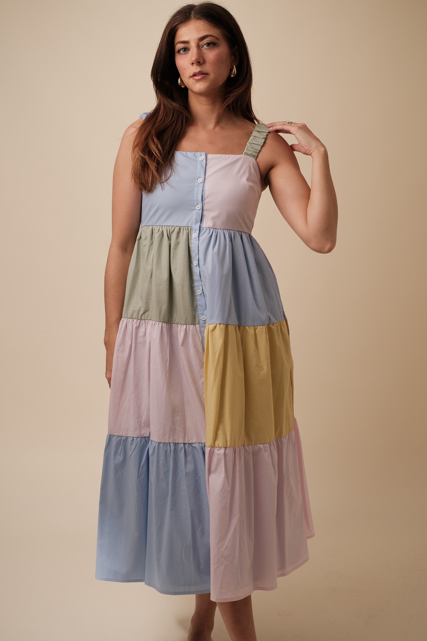 Aureum Hallie Poplin Pastel Color Block Tiered Midi Dress