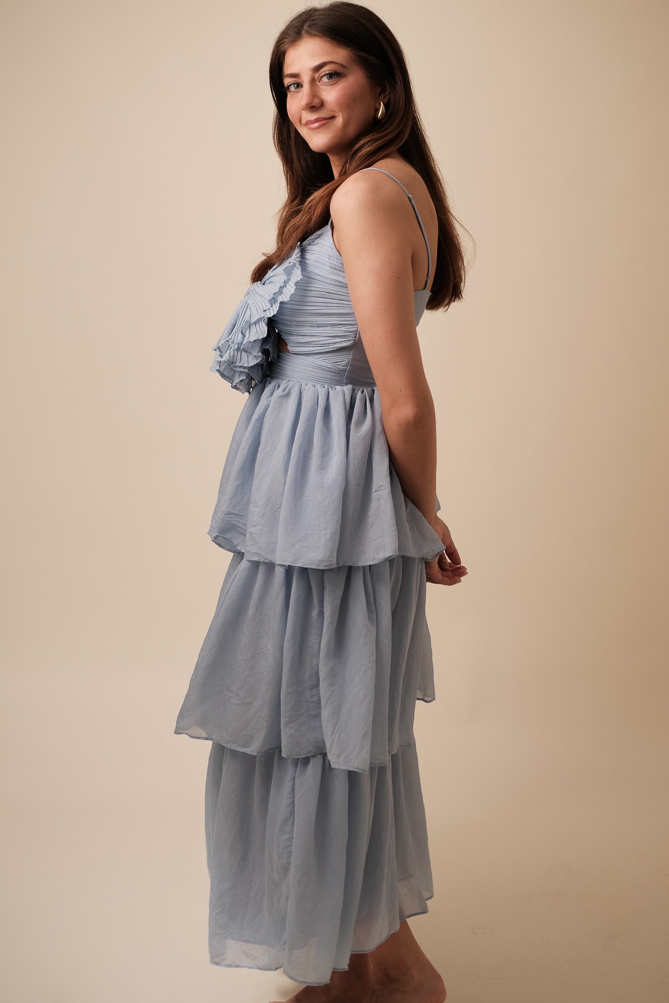 Sofie the Label Fiona Solid Tiered Bow Detail Midi Dress (Blue)
