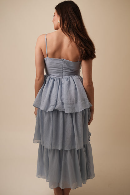 Sofie the Label Fiona Solid Tiered Bow Detail Midi Dress (Blue)