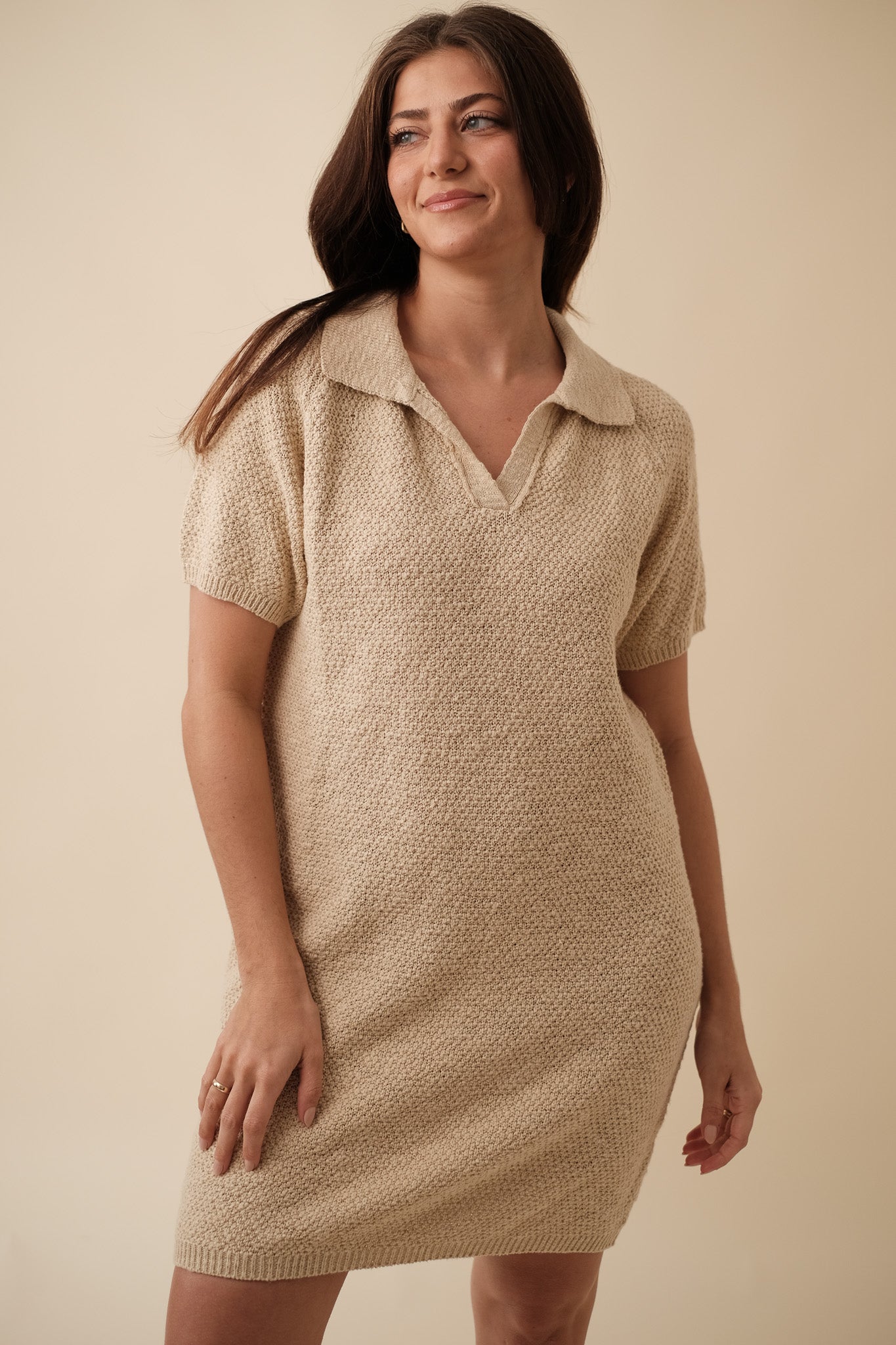 Things Between Izzy Beige Knit Collared Mini Dress