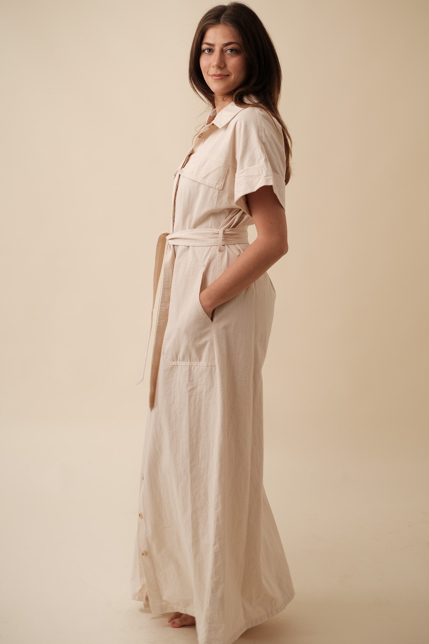 FRNCH Delina Canvas Belted Maxi Dress (Cream)