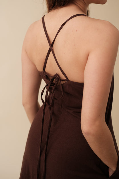 FRNCH Anella Chocolate Linen Sleeveless Maxi Dress (L)
