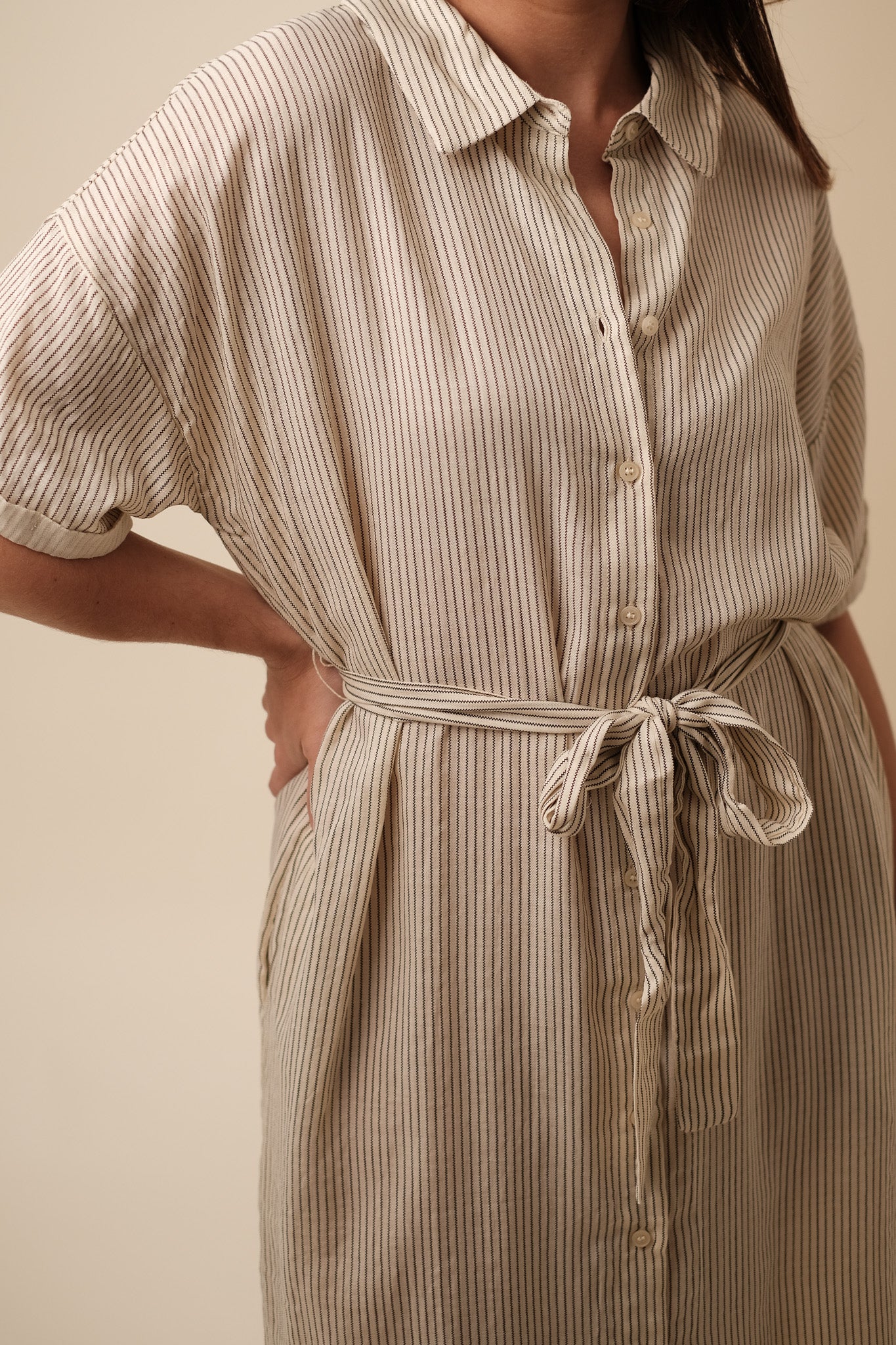 Things Between Kate Stripe Collared Midi Dress (Beige)