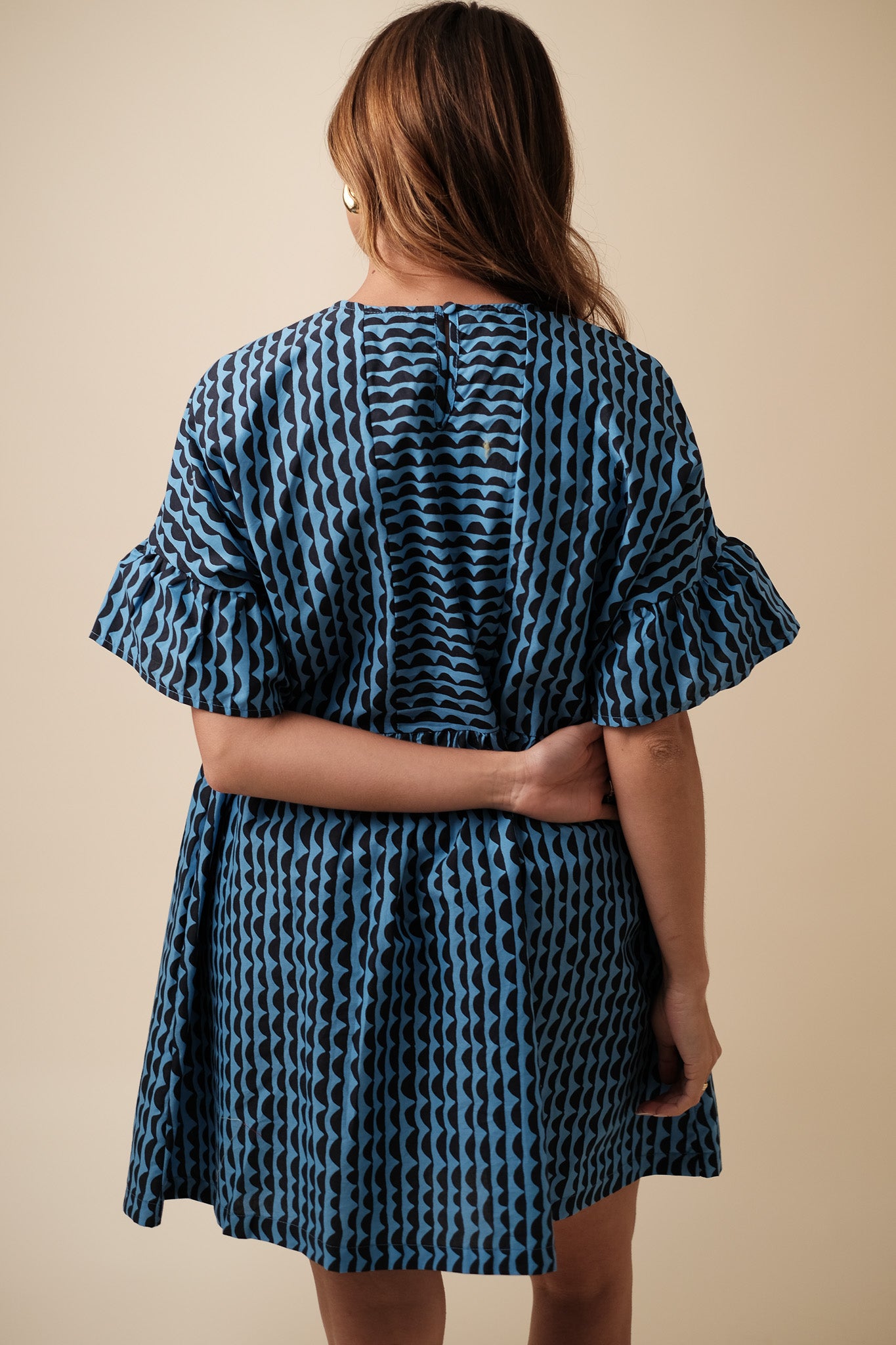 PINCH Kamila Geometric Print Babydoll Mini Dress (Blue)