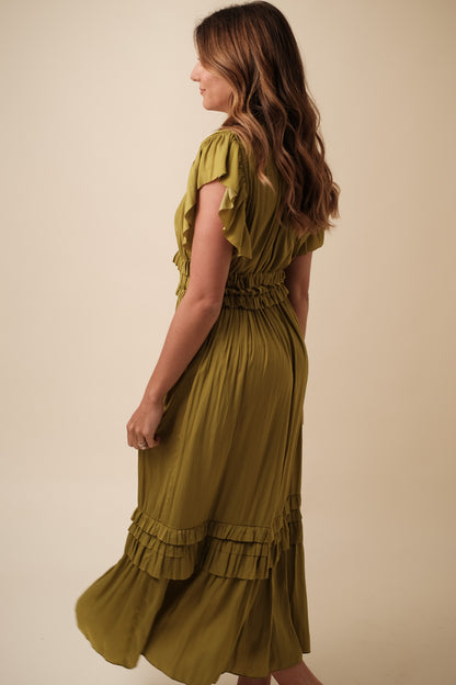 Kimberly Ruffled Satin V-Neck Midi Dress (Green)