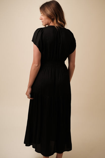 Karter Satin Smocked Midi Dress (Black)
