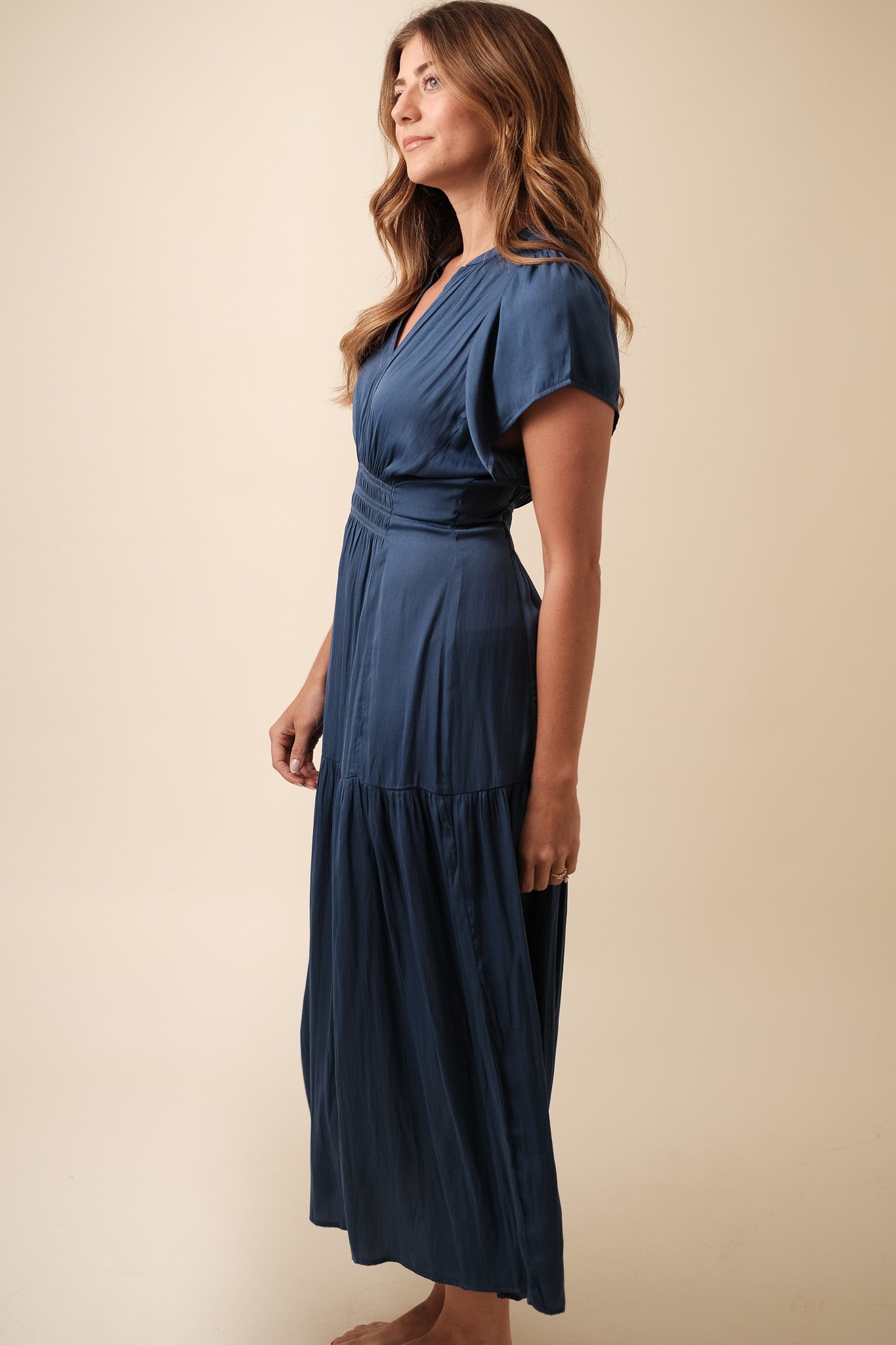 Karter Satin Smocked Midi Dress (Blue)